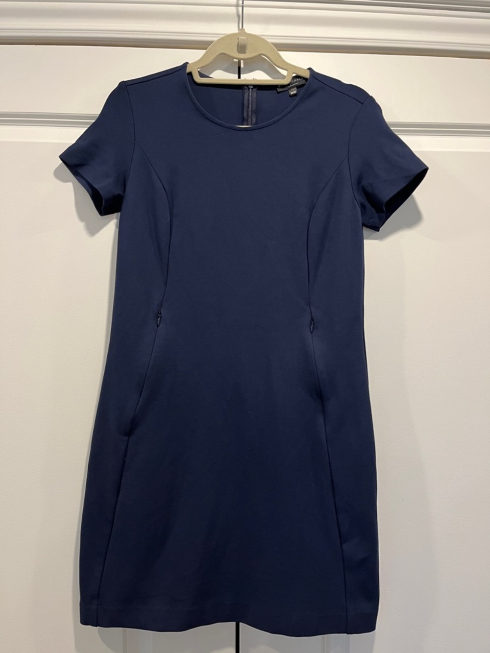 Navy Short-Sleeve Sheath Dress